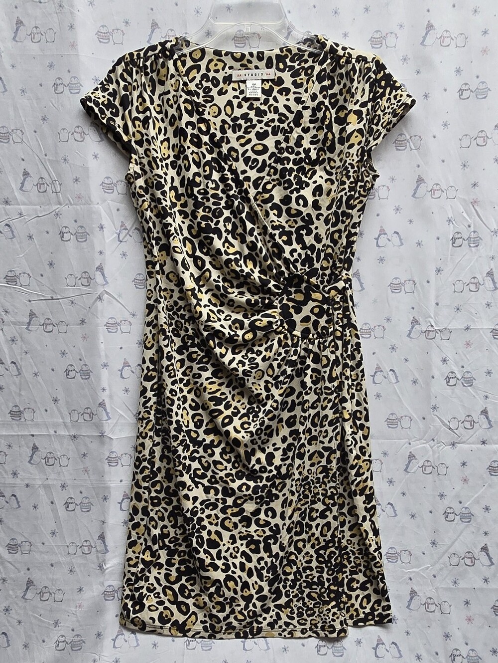 Aa STudio AA Leopard Print Faux-Wrap Mini Dress in Beige & Brown V Neckline. 4P